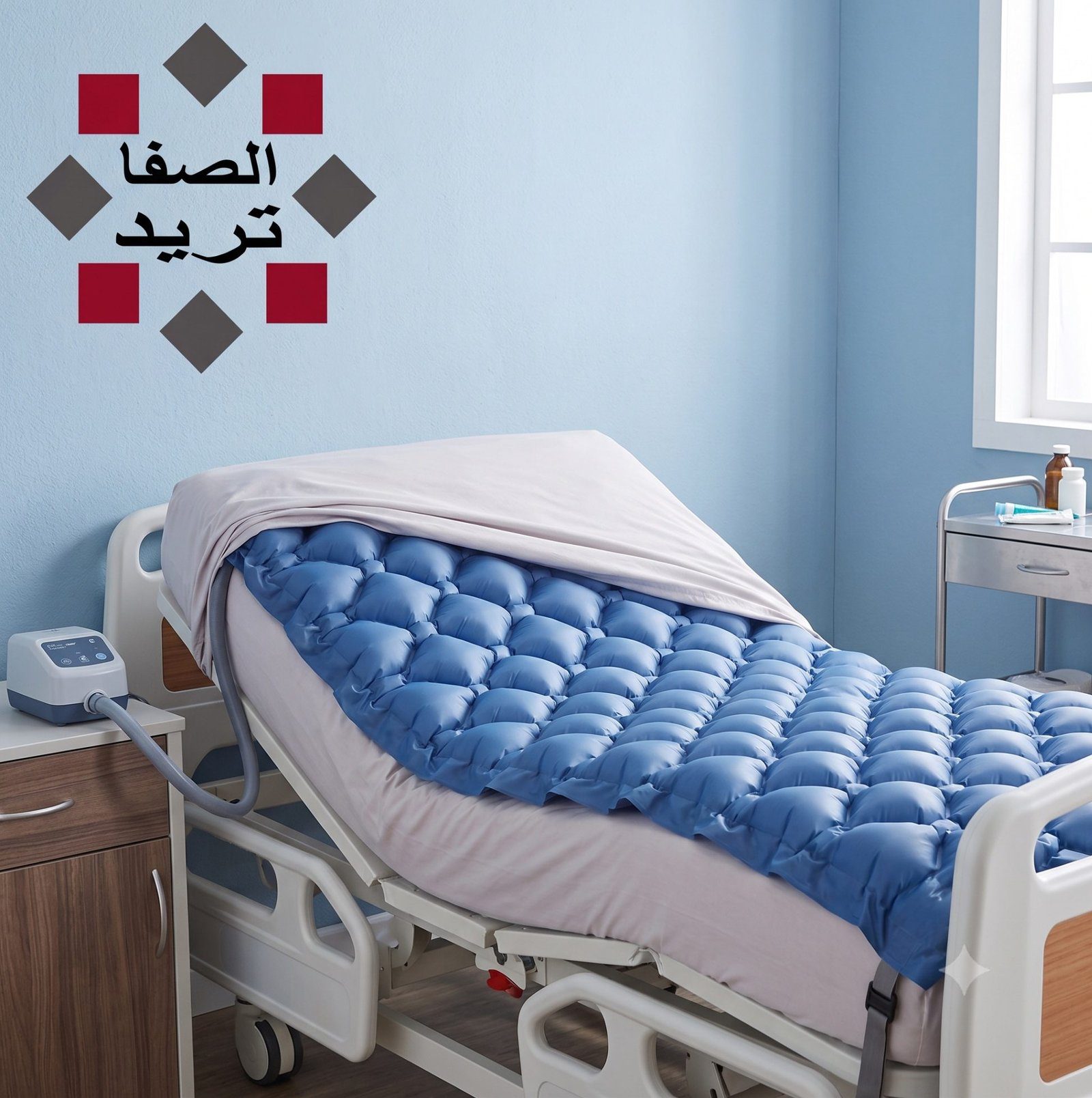 مرتبة هوائية طبية Hospital bed in a blue-walled room with a blue quilt, a bedside cabinet, and medical equipment nearby; wall decor with Arabic text visible on the left side.